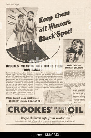 1938 La rivista britannica Crookes ippoglosso olio di fegato di inserzione  Foto stock - Alamy