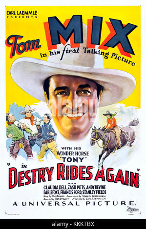 Il poster del film *Destry Rides Again* mostra le immagini principali del film, con James Stewart e Marlene Dietrich. Il Western del 1939 era noto per la sua miscela di umorismo e azione nel Vecchio West. Foto Stock