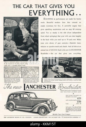 1937 La rivista britannica Lanchester auto annuncio Foto Stock