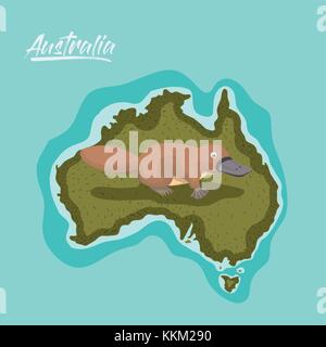 Platypus in australia mappa in verde circondata dall'oceano Illustrazione Vettoriale
