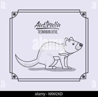 Australia diavolo della Tasmania nel telaio e silhouette in bianco e nero Illustrazione Vettoriale