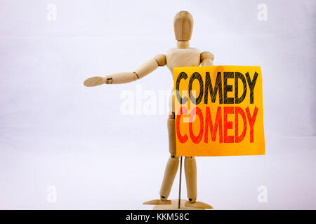 Ispirazione concettuale per la scrittura a mano con didascalie di testo che mostrano il concetto di Comedy Business per il microfono Stand Up Comedy scritto su un supporto scultoreo con note adesive Foto Stock