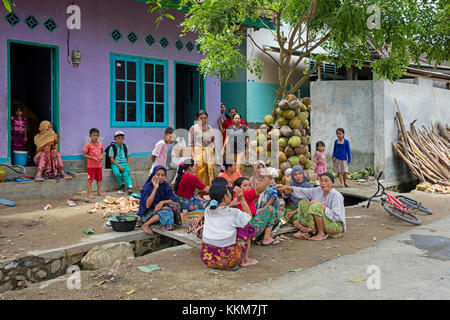 Indonesian donne e bambini nella preparazione degli alimenti mediante spremitura carne di noce di cocco in villaggio sull'Isola di Lombok, INDONESIA Foto Stock