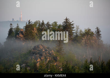 Atmosfera mattutina sul leistenklippe, hohnekamm nella parte anteriore del brocken, Harz, SASSONIA-ANHALT, Germania, Foto Stock