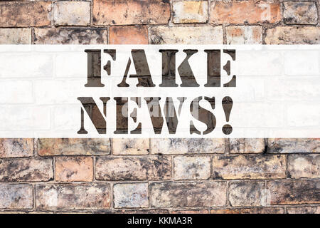 Annuncio concettuale didascalia di testo ispirazione mostra fake news. Concetto aziendale per il giornale di propaganda di false notizie scritte su mattoni vecchi backgroun Foto Stock