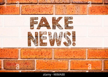 Annuncio concettuale didascalia di testo ispirazione mostra fake news. Concetto aziendale per il giornale di propaganda di false notizie scritte su mattoni vecchi backgroun Foto Stock