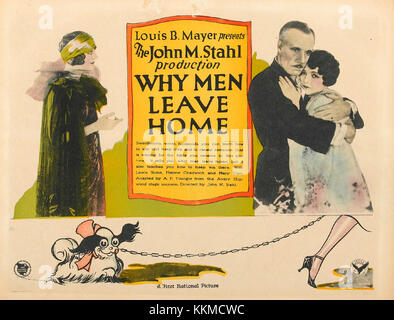 Biglietto d'ingresso per il film muto del 1924 "Why Men Leave Home", diretto da John M. Stahl. Il film è interpretato da Lewis Stone e Helene Chadwick, ed è stato prodotto da Louis B. Mayer e distribuito dalla First National Pictures. La lobby card presenta materiale promozionale tratto dal film. Foto Stock