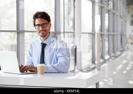 Giovane imprenditore sorridente mentre si lavora sul suo computer portatile Foto Stock