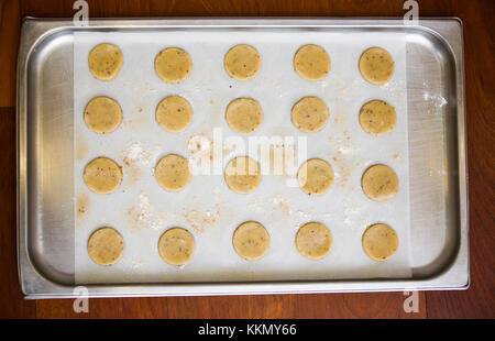 Fresche noce macadamia i cookie in un vassoio pronto per cuocere. I cookie sono su un forno di carta per tenerli di grippaggio. Cosparsa di farina tutto il vassoio.L Foto Stock