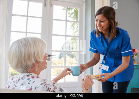 Un infermiere che serve tè al senior donna a casa, close up Foto Stock