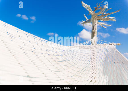 Amaca attesa da un albero bianco in un profondo e limpido mare sulla laguna delle Maldive. Foto Stock