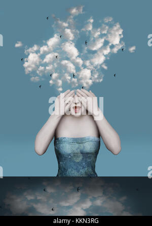 Bella immagine surreale con una ragazza che si copre gli occhi con le nuvole che escono dalla sua testa Foto Stock
