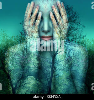 Immagine surreale e artistica di una ragazza che copre gli occhi con le mani su uno sfondo di alberi e cielo Foto Stock