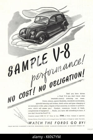 1938 La rivista britannica Ford V8 auto annuncio Foto Stock