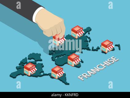 Appartamento 3D isometrica imprenditore mettere mano franchising store sulla mappa del mondo. attività di franchising concetto. Illustrazione Vettoriale