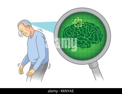 Controllare l'interno degli anziani del cervello con lente di ingrandimento. Illustrazione medica circa il concetto di scansione. Illustrazione Vettoriale