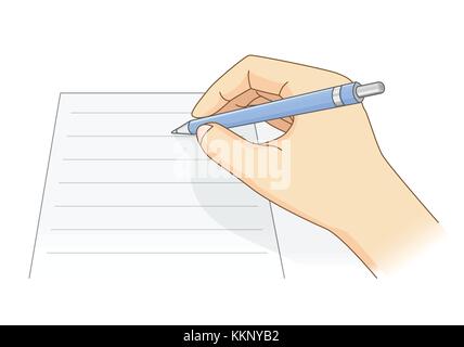 Mano che tiene una penna blu per la scrittura su carta bianca. Illustrazione Vettoriale