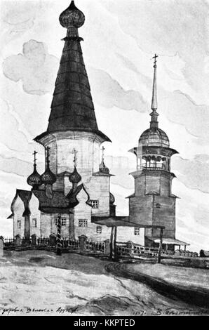 La chiesa in legno nel villaggio di Sheleksa, situata nel Governatorato di Arcangelo, in Russia, è un notevole esempio di architettura russa in legno. Costruito in stile tradizionale, riflette il patrimonio culturale e religioso della regione. La chiesa è un importante punto di riferimento locale e rappresenta la storia architettonica delle comunità rurali russe. Foto Stock