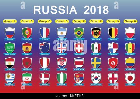 Icone bandiere dei paesi partecipanti 2018,fase di gruppo, Illustrazione Vettoriale