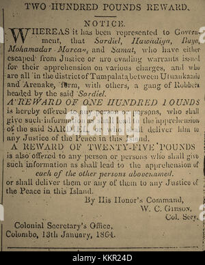 Utuwankande Sura Saradiel,Mandato Avviso di ricompensa (Ceylon Gazette xiii Gen 1864) Foto Stock