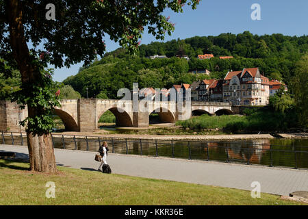 Vecchio ponte Werra nella città vecchia, Hannoversch Münden, bassa Sassonia, Germania Foto Stock