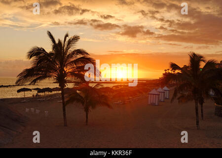 Tramonto sulla spiaggia Playa del Duque, Costa Adeje, Tenerife, Isole canarie, Spagna Foto Stock