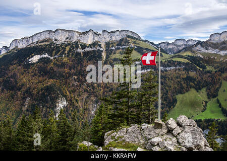 Bandiera della Svizzera nelle alpi vicino wasserauen Foto Stock