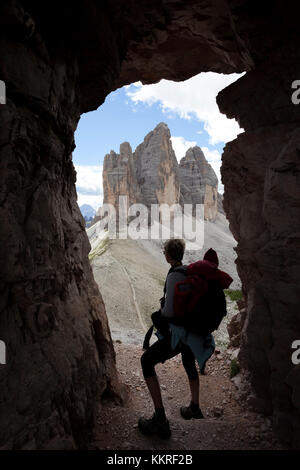 Galleria della prima Guerra Mondiale a Passporto Fork, Dolomiti, Auronzo di Cadore, Belluno, Veneto, Italia Foto Stock