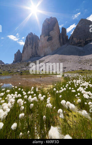 Drei Zinnen da grava longa laghi, Dolomiti, Dobbiaco, Bolzano, alto adige, italia Foto Stock