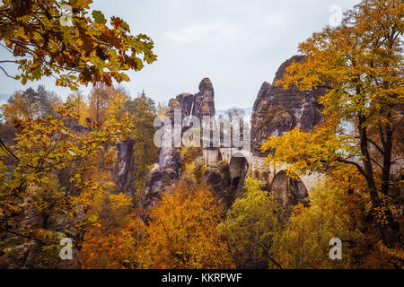 Il bastei ponte in prossimità di rathen in Svizzera sassone Foto Stock