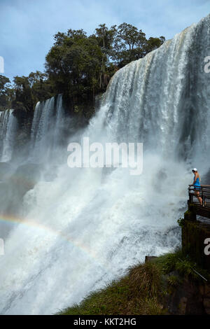 Tourist on Lookout by Iguazu Falls, sul confine con l'Argentina - Brasile, Sud America (modello rilasciato) Foto Stock