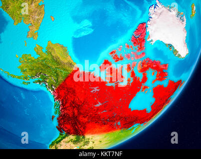 Mappa del Canada vista dallo spazio sul pianeta Terra. Illustrazione 3D. Elementi di questa immagine forniti dalla NASA. Foto Stock