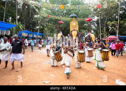 Caparisoned o decorati con gli elefanti chenda melam da un pooram festival,eravimangalam shashti,thrissur,kerala,l'india,pradeep subramanian Foto Stock