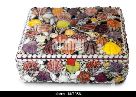 Bella confezione decorativa decorati con conchiglie di mare di colori diversi. Presentato su uno sfondo bianco. Foto Stock