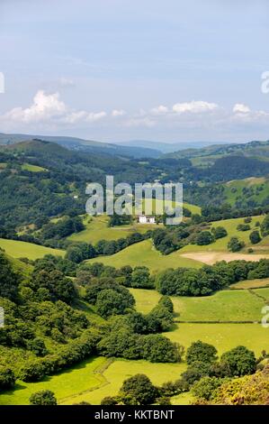 A ovest da Trevor rocce, Llangollen, oltre la Dee valle a Dinbren Hall. Denbighshire, Wales, Regno Unito. Estate nebbia di mattina Foto Stock