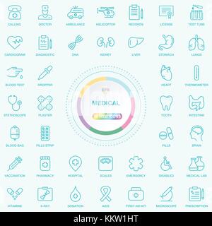 Universal web internet e linea medicale di set di icone. web, blog e i social media medicina pulsanti illusitration vettore isolato su sfondo. Illustrazione Vettoriale