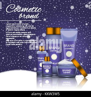 Vettore 3d illustrazione cosmetici su un morbido sfondo luminoso con effetti di svasatura. bellezza realistico prodotto cosmetico modello di disegno. Illustrazione Vettoriale