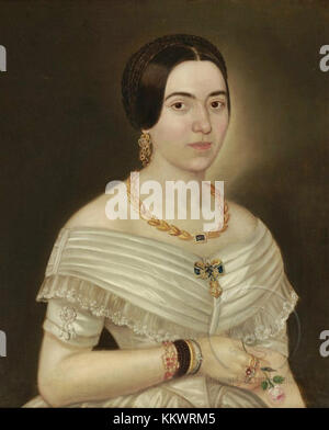 Ama u belom (Signora in bianco) è un dipinto di N. Aleksic del 1851. L'opera raffigura una donna elegante in un abito bianco, che mostra l'abilità di artistâ nel catturare sia la texture dettagliata del tessuto che il comportamento aggraziato del soggetto. Il pezzo è una rappresentazione di ritrattistica ottocentesca, che enfatizza le delicate caratteristiche facciali e gli abiti raffinati tipici del periodo. Foto Stock