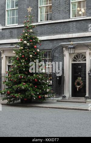 Londra, Regno Unito. 02Dec, 2017. Londra il 2 dicembre 2017. 18ft 6'' Nord Fur albero di Natale al di fuori del numero 10 di Downing Street fornita da Robert Morgan di Gower fresco di alberi di Natale a Swansea. : Credito: claire doherty/Alamy Live News Foto Stock