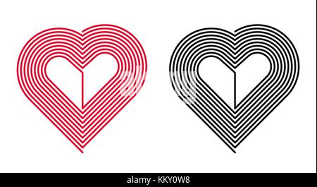 Vector cuore rosso e nero. silhouette di un cuore formato dalla linea curva in forma a spirale, isolato su sfondo bianco Illustrazione Vettoriale