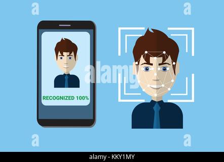La scansione biometrica sistema di protezione di controllo smart phone scansione volto dell'utente, della tecnologia di riconoscimento facciale concept Illustrazione Vettoriale