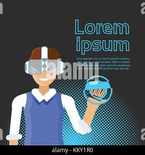 Uomo che indossa la realtà virtuale auricolare tramite interfaccia digitale banner con copia spazio moderno concetto di tecnologia Illustrazione Vettoriale