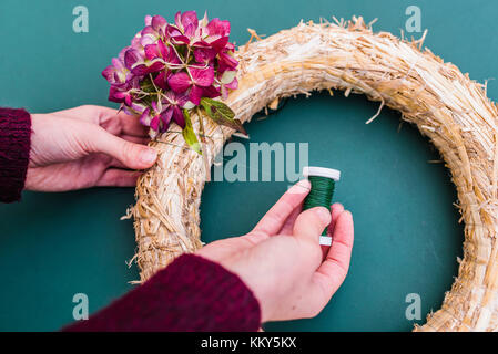 Donna, dettaglio, mani, autunno, ghirlanda di fiori di ortensie, DIY, Foto Stock