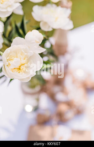 Tavolo da giardino, pasqua decorazione, fiori, dettaglio, sfocatura, Foto Stock