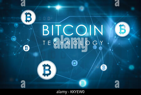 Tecnologia bitcoin illustrazione con sfondo blu scuro Foto Stock
