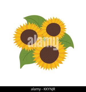 Girasoli con foglie verdi illustrazione vettoriale isolati su sfondo bianco in stile appartamento Illustrazione Vettoriale