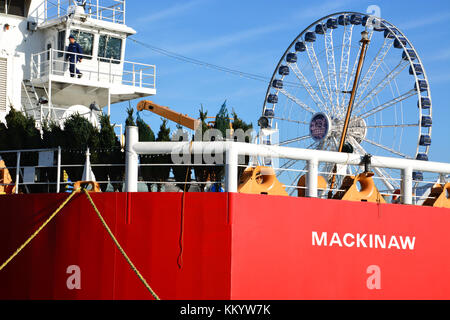 Alberi di Natale sul ponte di aspettare di essere scaricato dalla Guardacoste Mackinaw durante il 2017 Christmas Ship rievocazione storica presso il Navy Pier di Chicago Foto Stock