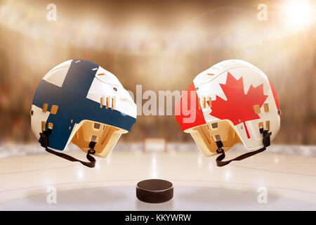 Basso angolo vista di hockey caschi con Canada e Finlandia bandiere dipinte e disco da hockey su ghiaccio in luminose stadium sfondo. concetto di intensa r Foto Stock
