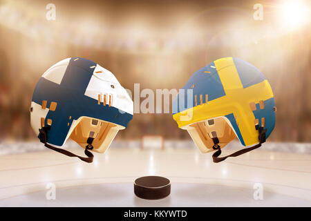 Basso angolo vista di hockey caschi con la Finlandia e la Svezia bandiere dipinte e disco da hockey su ghiaccio in luminose stadium sfondo. concetto di intensa r Foto Stock