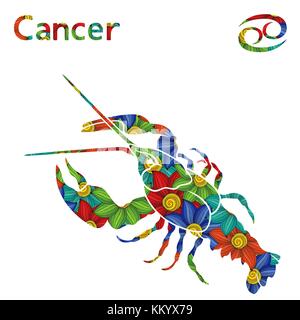 Segno zodiacale cancro con il riempimento di coloratissimi fiori stilizzati su uno sfondo bianco, illustrazione vettoriale Illustrazione Vettoriale